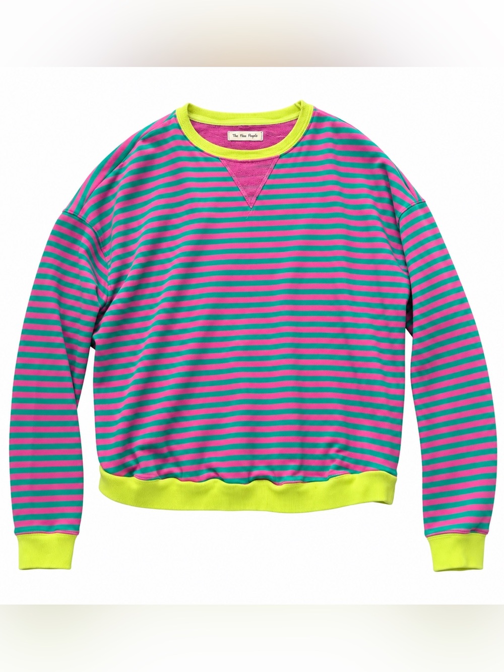 We The Free Striped Crewneck Sweatshirt in Pink, Teal & Neon Yellow